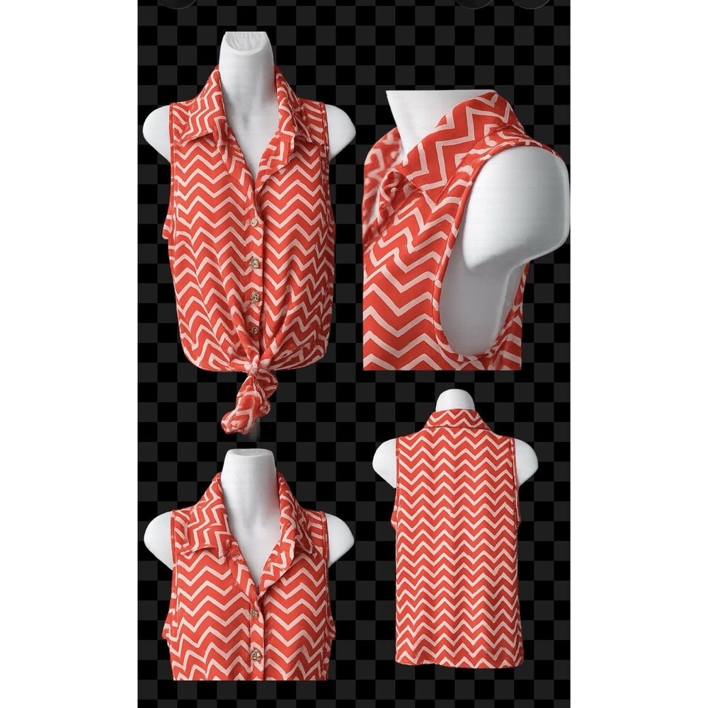 entro Coral Chevron Sleeveless Button Front Tie Blouse